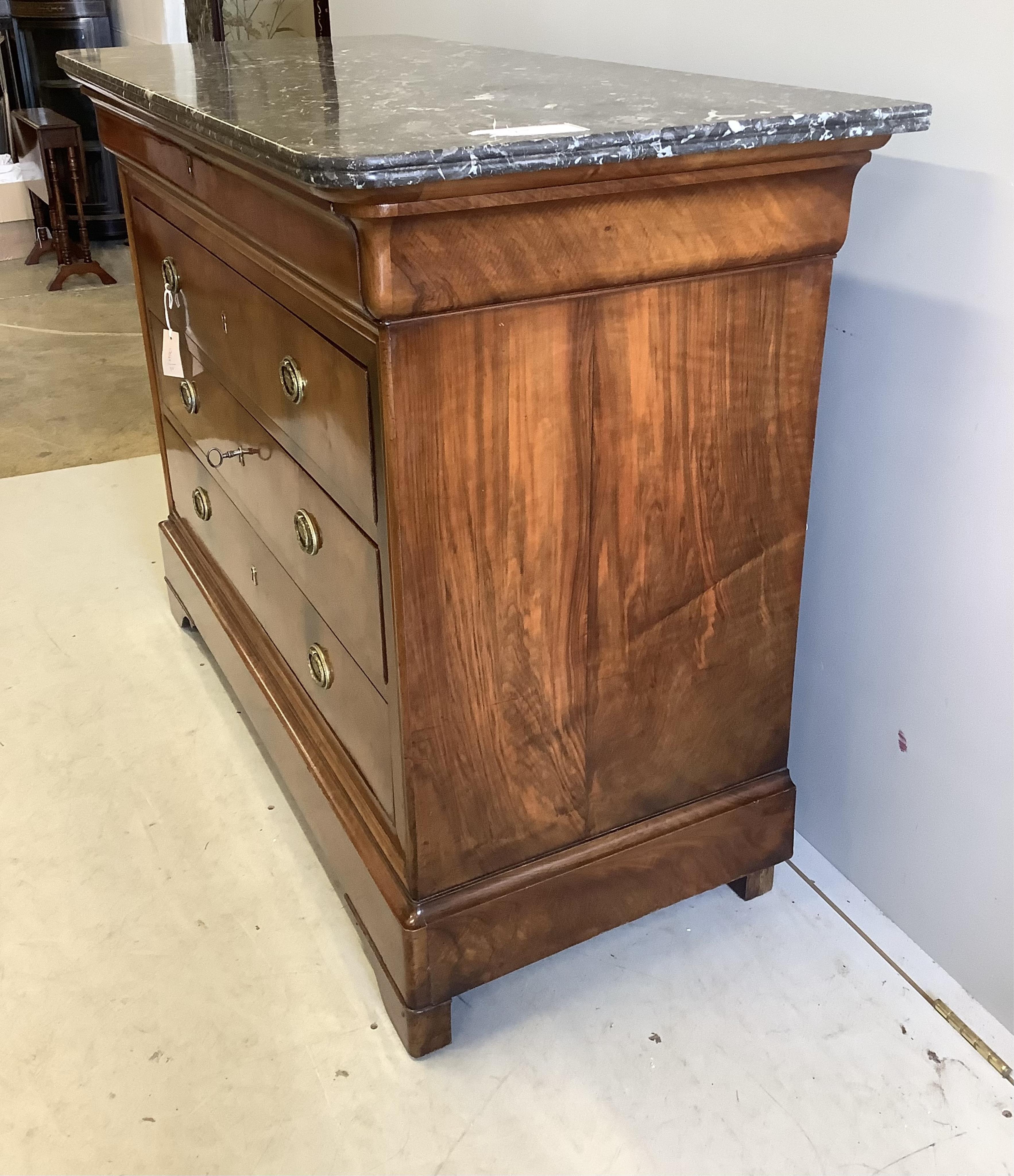 A 19th century French walnut marble top commode, width 130cm, depth 60cm, height 99cm. Condition - good